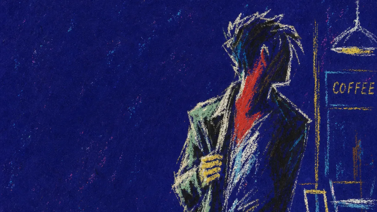 Bracing under imagined eyes A figure tugging a jacket hem in a dark cafe, shoulders raised, with a red neck glow split by charcoal shadows