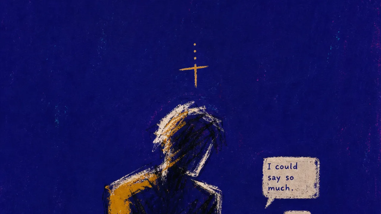 A figure with locked shoulders and a thumb hovering over an unsent reply, warm amber caught behind cold blue glass.