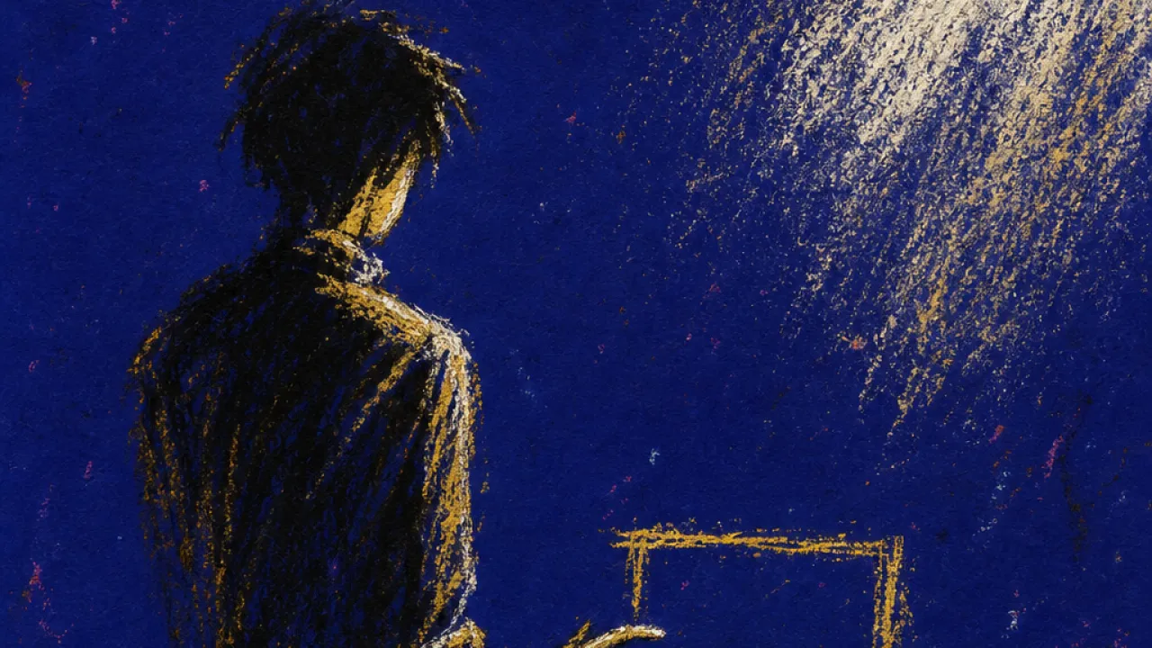 A side-turned figure with a thumb above an unsent caption window, amber light splitting into blue-black shadow at the throat