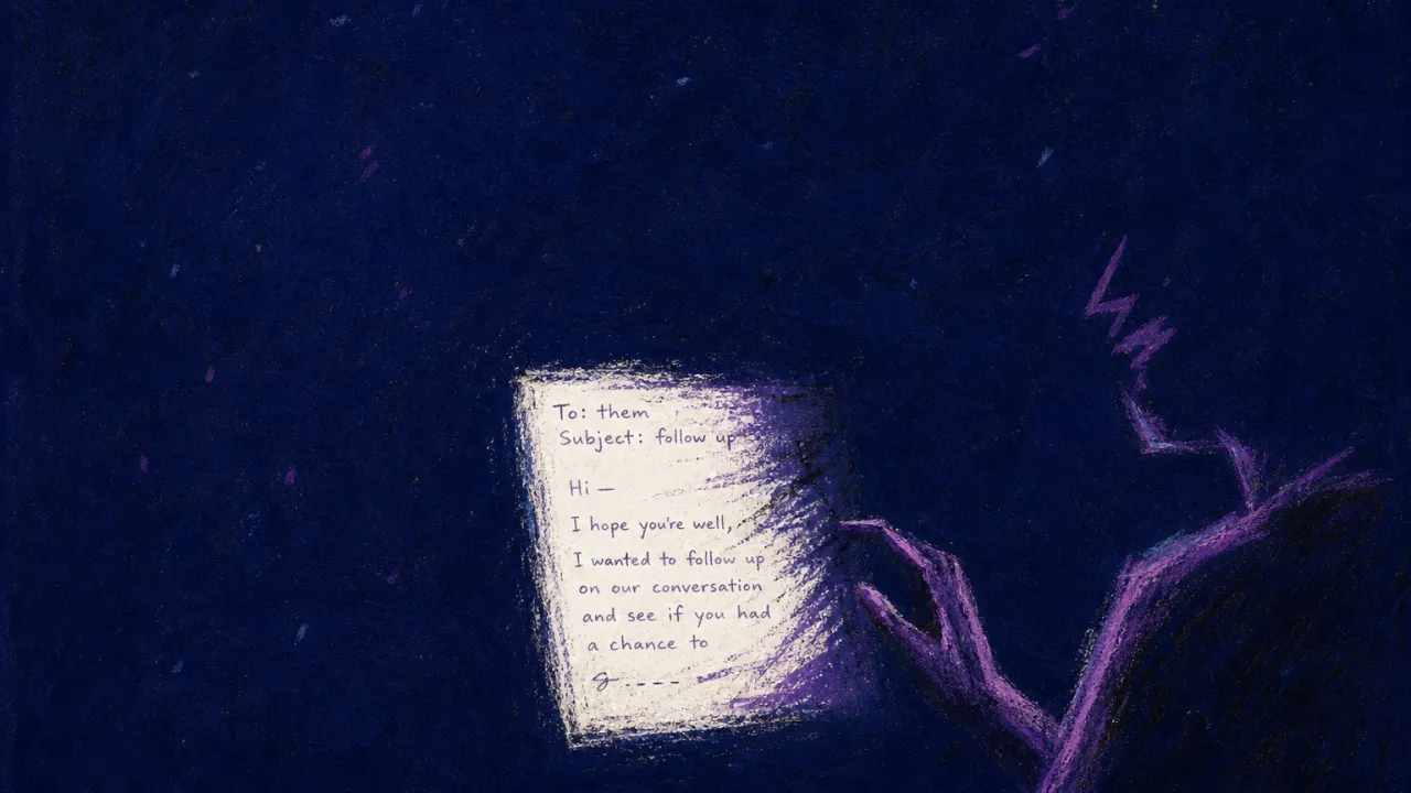 Braced for correction A figure with raised shoulders hovering over a half-written email, a fractured white line cutting into violet shadow
