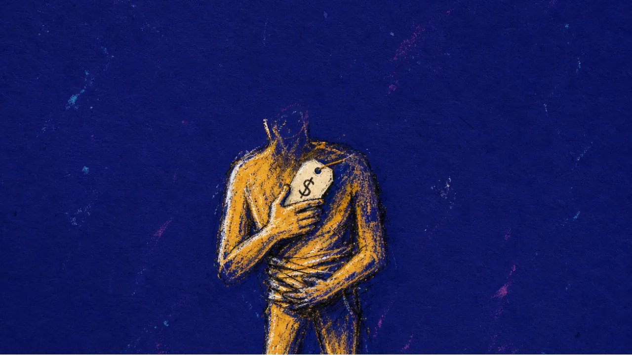 Holding the first mark A figure presses a price tag to their chest, feet planted among scattered notes, amber lines splitting into cold blue