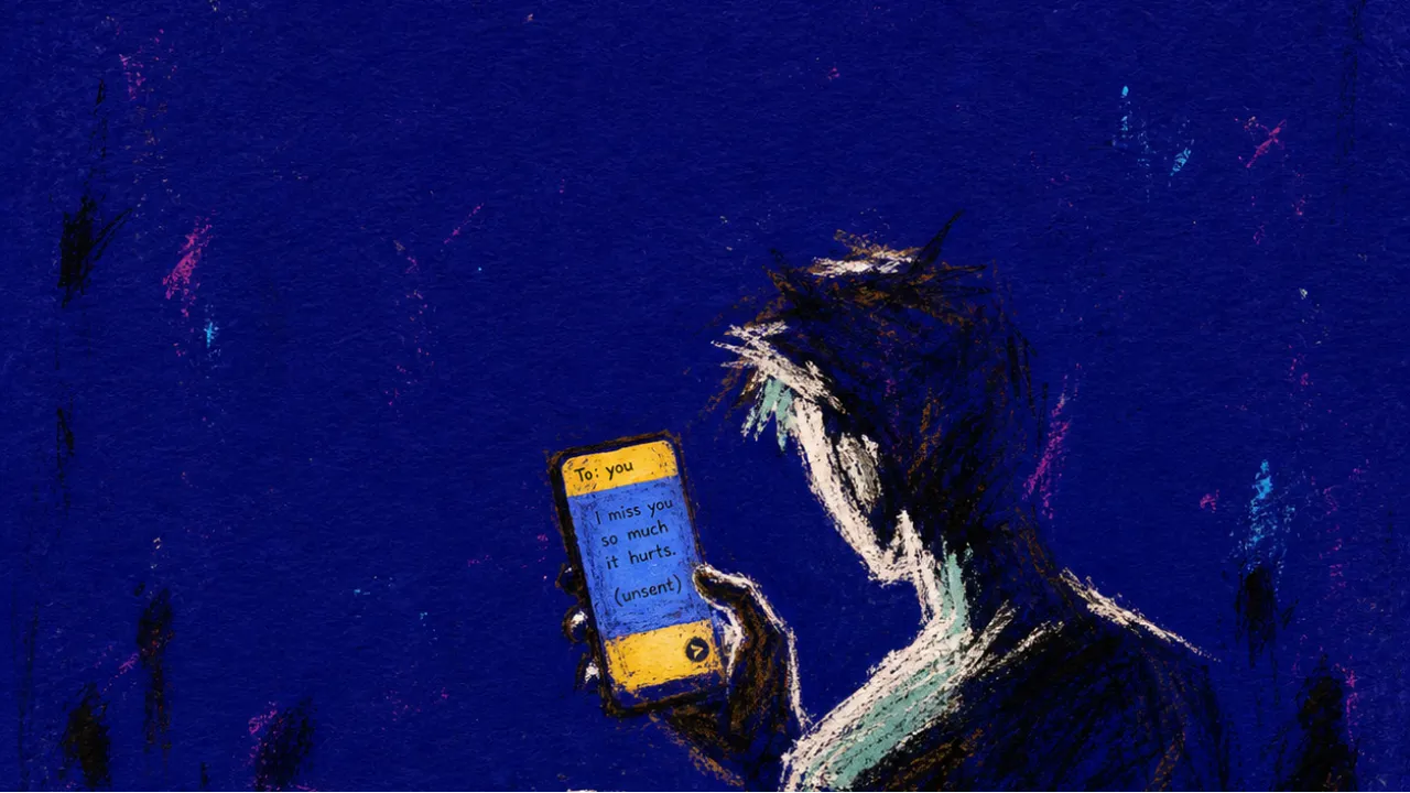 A figure with raised shoulders hovers a thumb over an unsent message, glass gripped nearby, an amber line in blue-black space