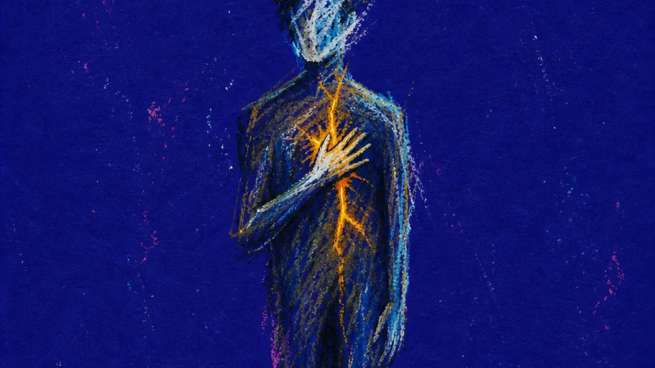 A rigid figure presses fingers to their sternum beside a face-down phone, amber lines splitting into cold blue shadows
