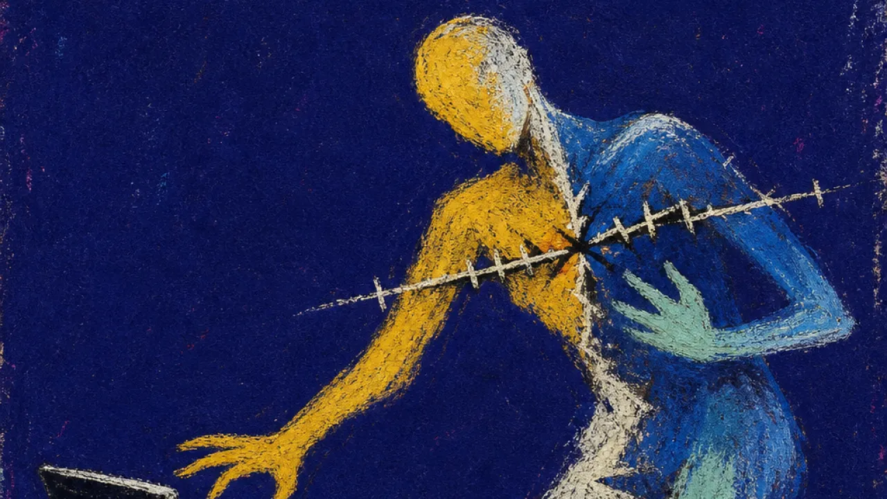 Gripping the moving scoreboard A leaning figure grips a glowing grade screen beside a half-closed laptop, a fractured gold-blue line on the chest