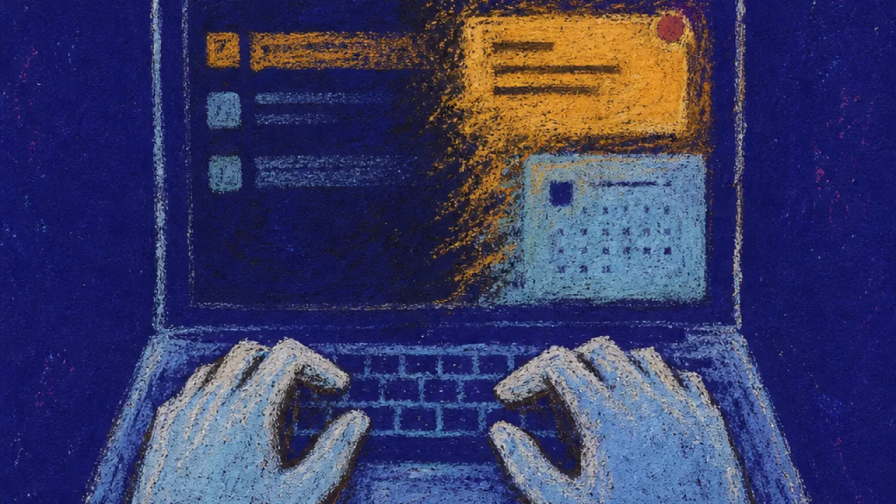 Prepared, Never Off-Duty A figure with raised shoulders, thumbs above a laptop chat preview and calendar invite, amber light cutting into cold blue.