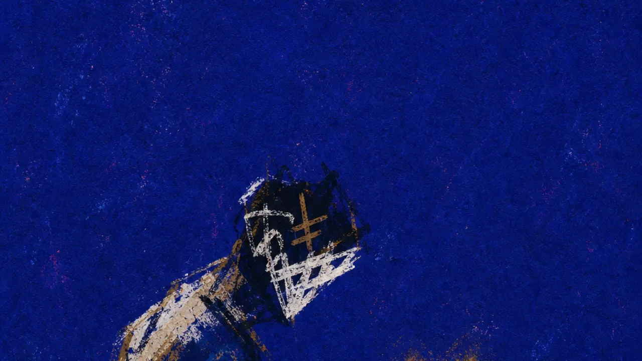 Reaching for borrowed calm A forward-leaning figure holds a thumb over an unsent “all good?” message, amber light split by cold cobalt shadow