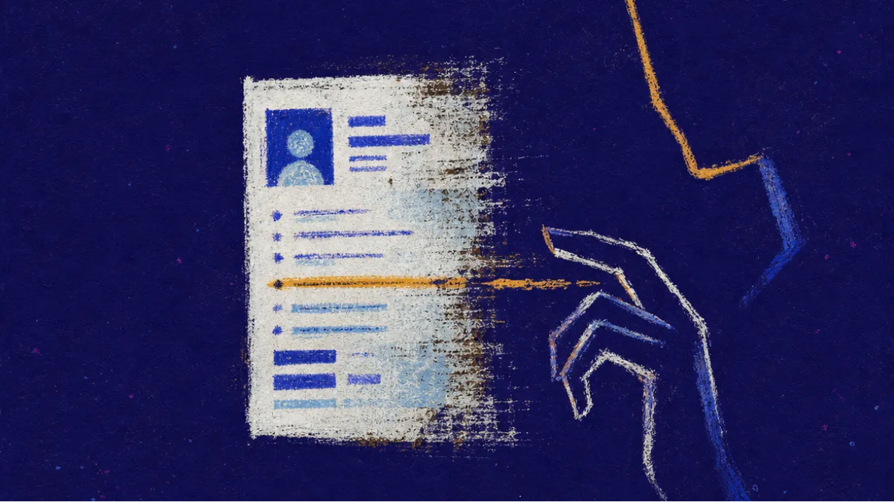 Polished stillness, private doubt A rigid figure beside a glowing profile page, hand hovering over a resume line as cobalt light cuts into muted amber