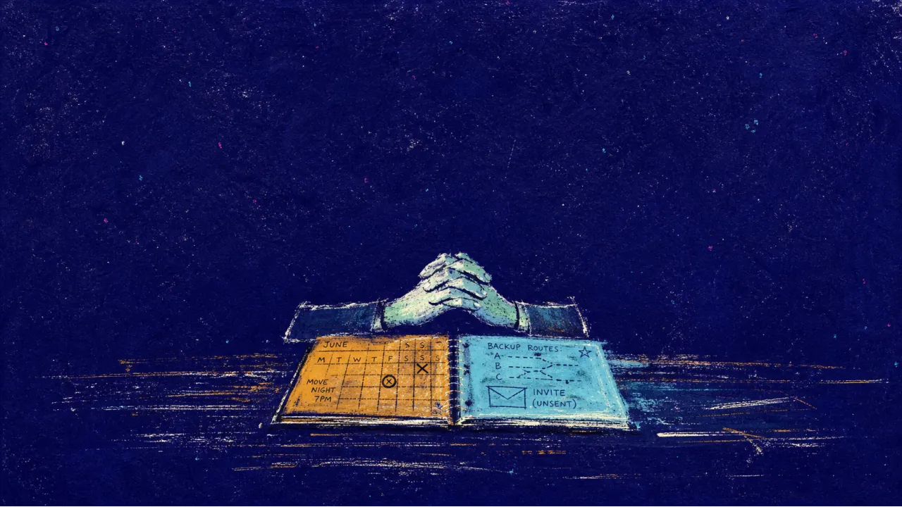 Planning Tomorrow, Missing Today A rigid figure clasps an open planner beside an unsent calendar invite, amber squares meeting a cyan edge against indigo.