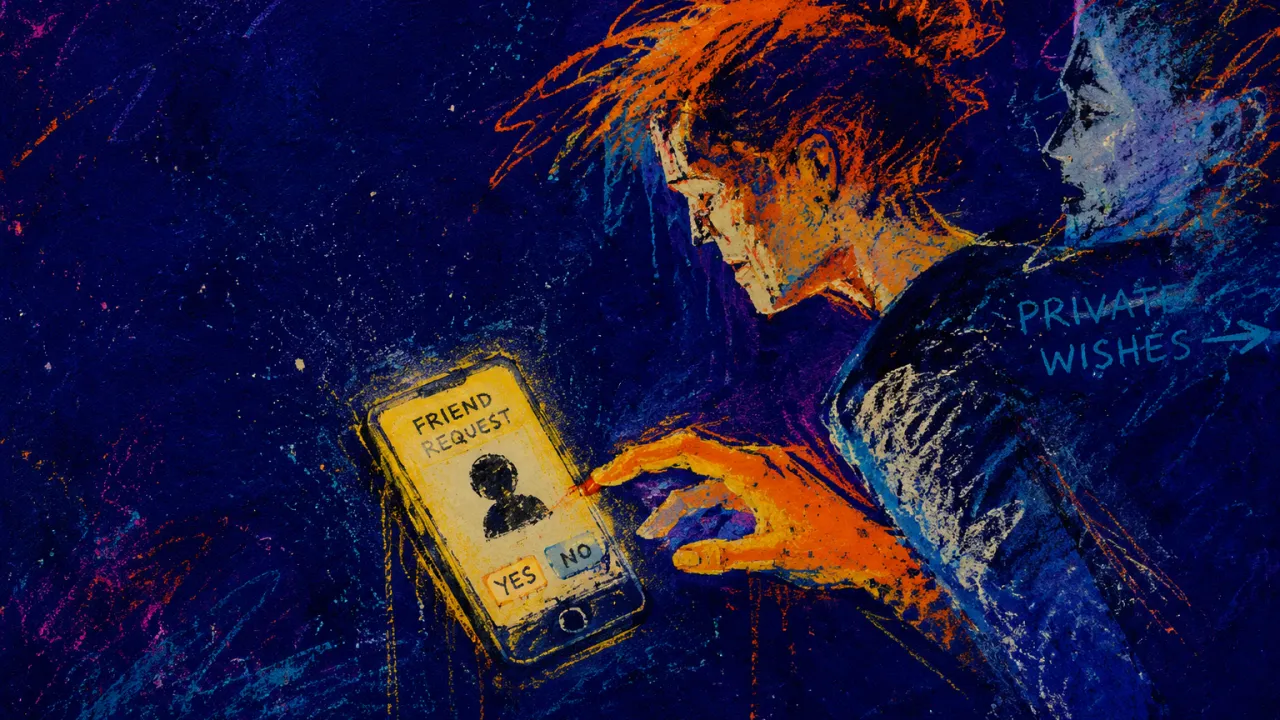 Giving Out - Going Unseen A figure reaches toward a phone, shoulders drawn back, thumb poised above the screen in amber and cool slate light.