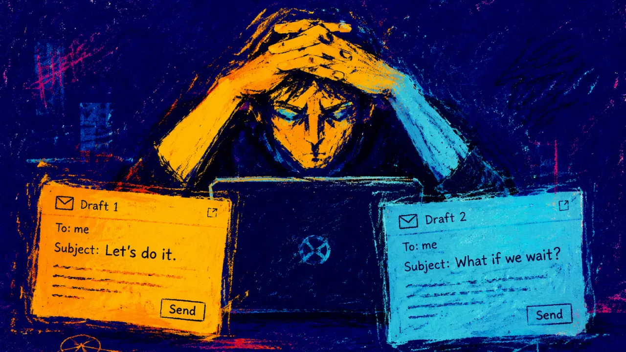 Waiting Between Two Futures A figure with clasped hands beside two email drafts, shoulders rigid, amber and icy-blue light meeting over deep indigo.