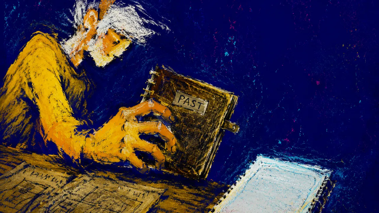 A figure leans over an old notebook with curled fingers, papers nearby, amber and cobalt light around a blank page.