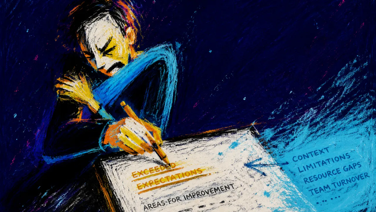 Claiming Credit, Missing the Lesson Raised shoulders, one arm crossed, and an amber pen above a review page where cyan notes fade toward the outer edge.