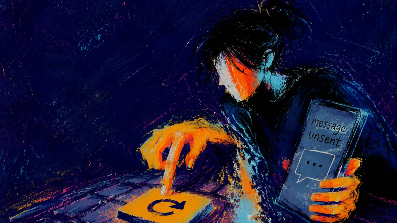 A rigid figure holds one hand above a laptop refresh key and grips a phone beside an amber message in blue-gray shadow.