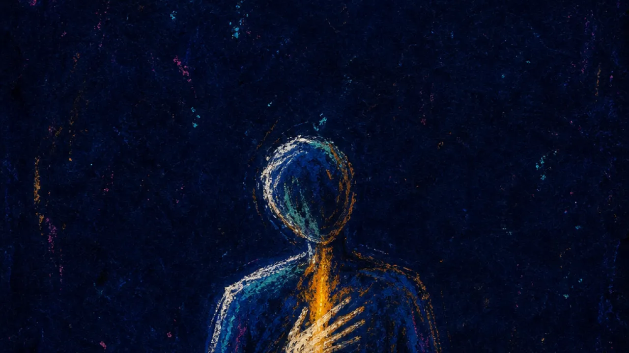 Holding the room, losing yourself A figure presses one palm to their sternum while steadying a color-coded family calendar, a thin amber line against blue.