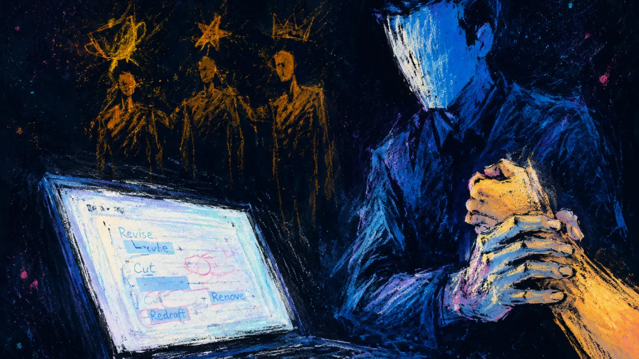 Correcting Everything, Standing Apart A rigid figure clasping one forearm beside a glowing laptop, cool-white edits under amber light in charcoal space.