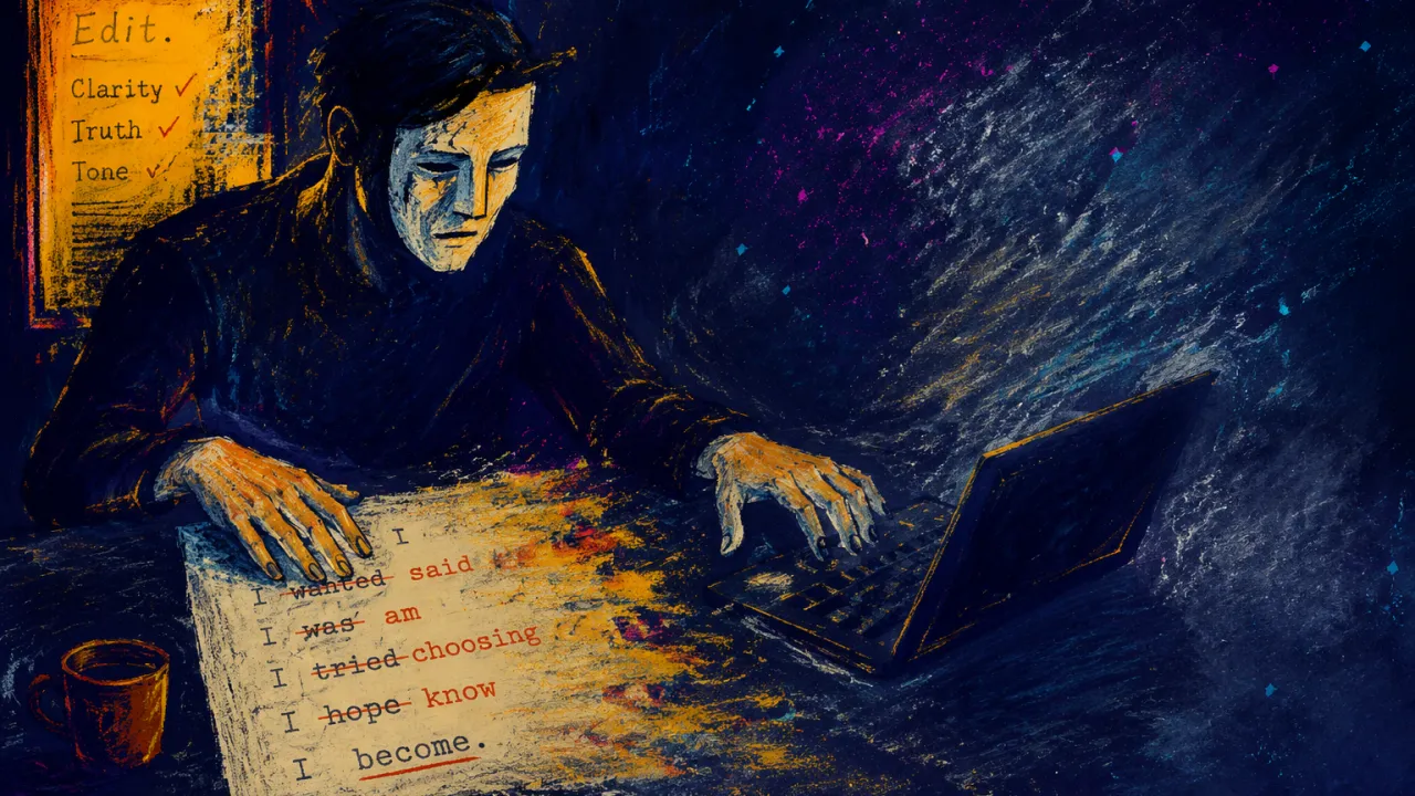 Polishing Until You Disappear Figure at a desk with hands over a marked page, shoulders back, amber revisions fading into blue-grey space.