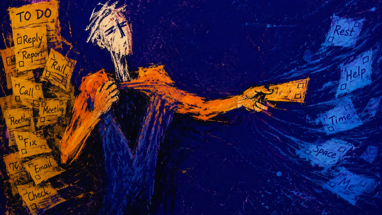 A figure reaches across a crowded desk for a task slip, shoulders drawn back, with amber hands against cool blue shadows.