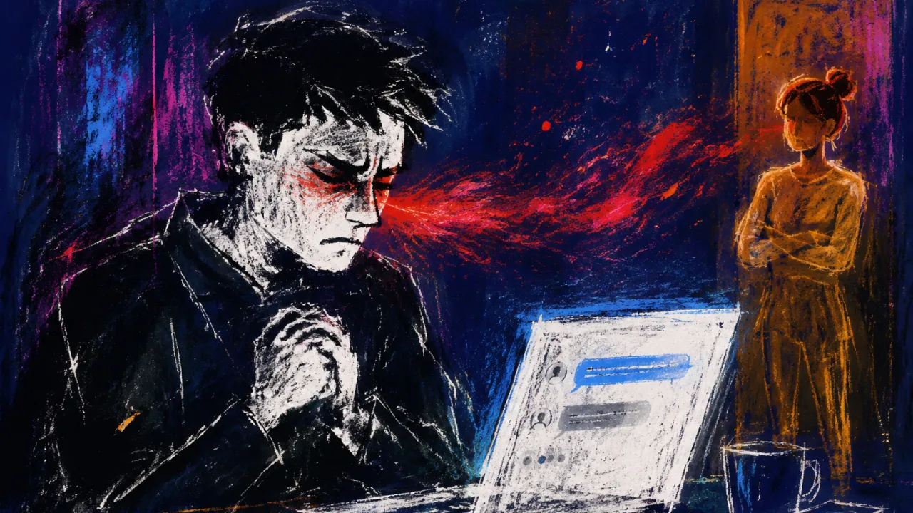 Holding Back, Landing Elsewhere A figure clasps both hands at the chest beside a bright work chat as crimson light drifts toward a second amber-lit figure.