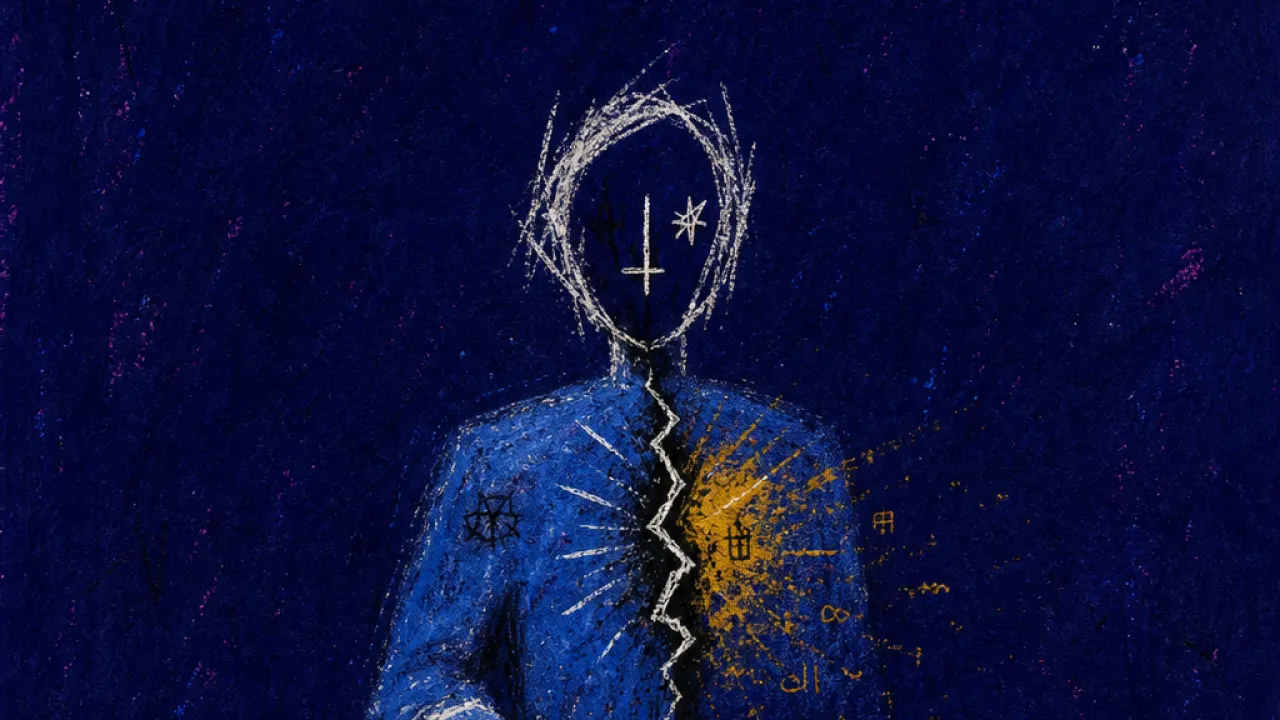 Holding the verdict, losing the middle A figure at a desk, thumb over a locked phone beside a two-column page, black-white fracture glowing amber at the chest