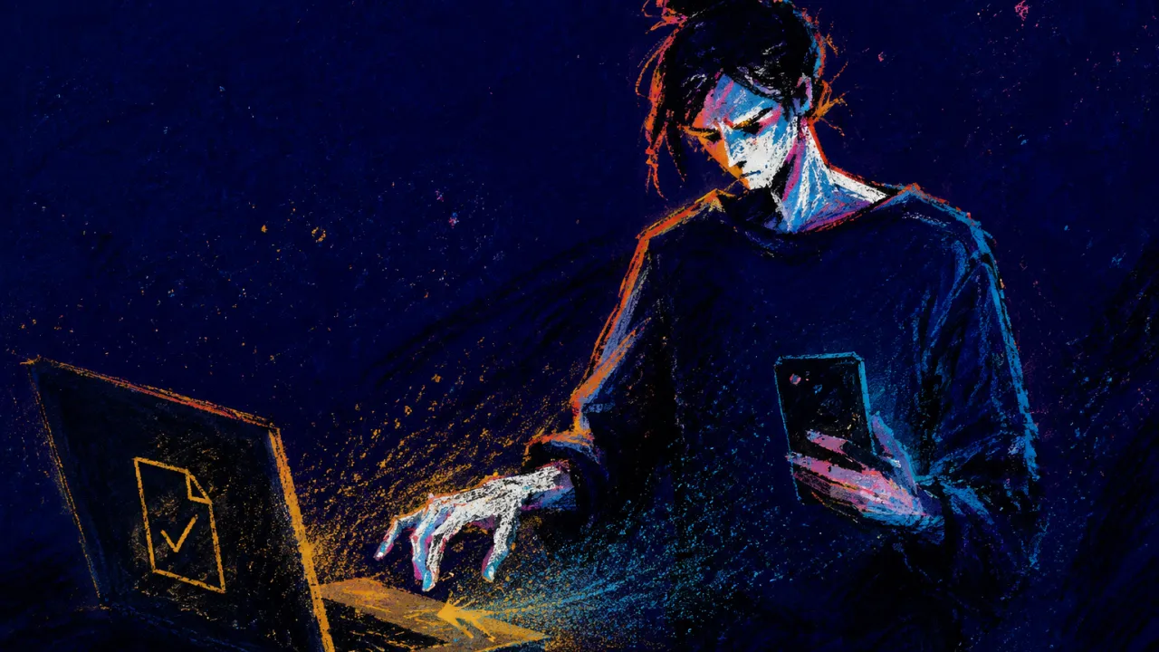 A seated figure holds a silent phone beside a laptop, one palm above the trackpad, with amber cursor light fading into cyan.