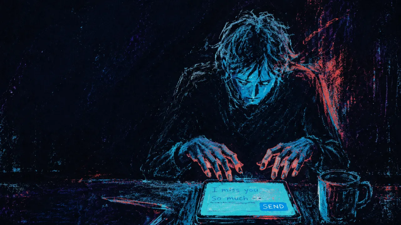 Holding Still, Feeling Unseen A seated figure holds hands above an unsent message as coral fingertips meet cold cyan screen light in charcoal space.