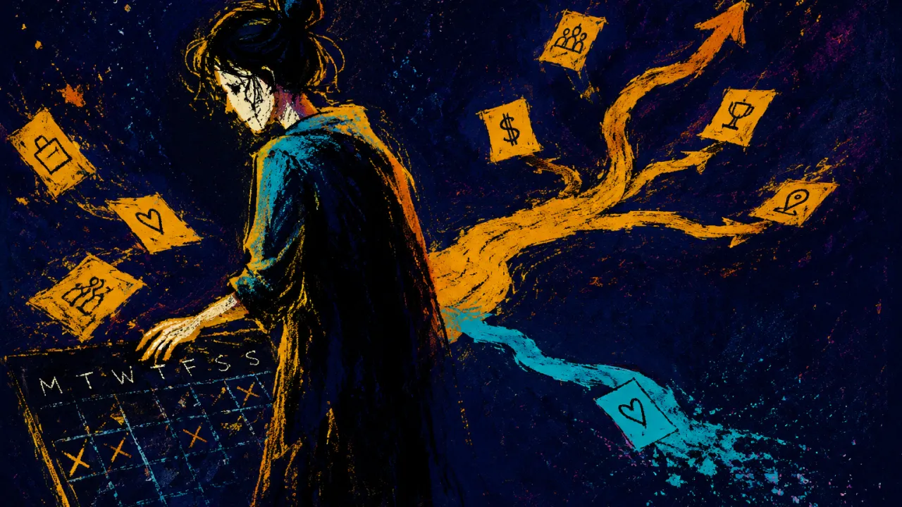 Pivoting Until Preference Disappears A side-turned figure hovers one hand over a calendar as amber plan cards drift away from a narrow cyan line.