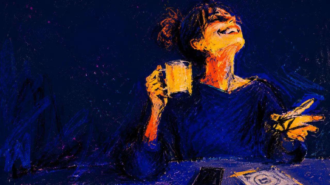 An upright figure lifts a coffee mug near one cheek and gestures across a dark table, edged in amber against cobalt shadow.