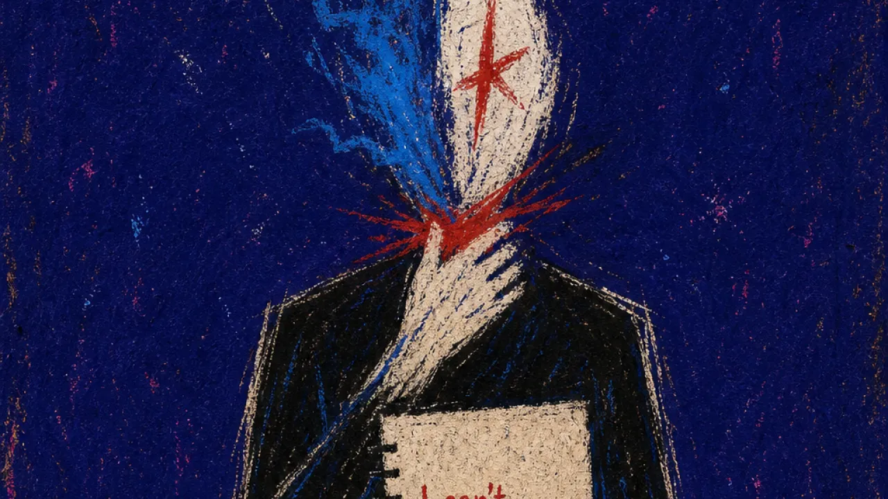 A figure presses one hand to the throat and covers a half-written sentence, with red ink breaking into cold blue light.