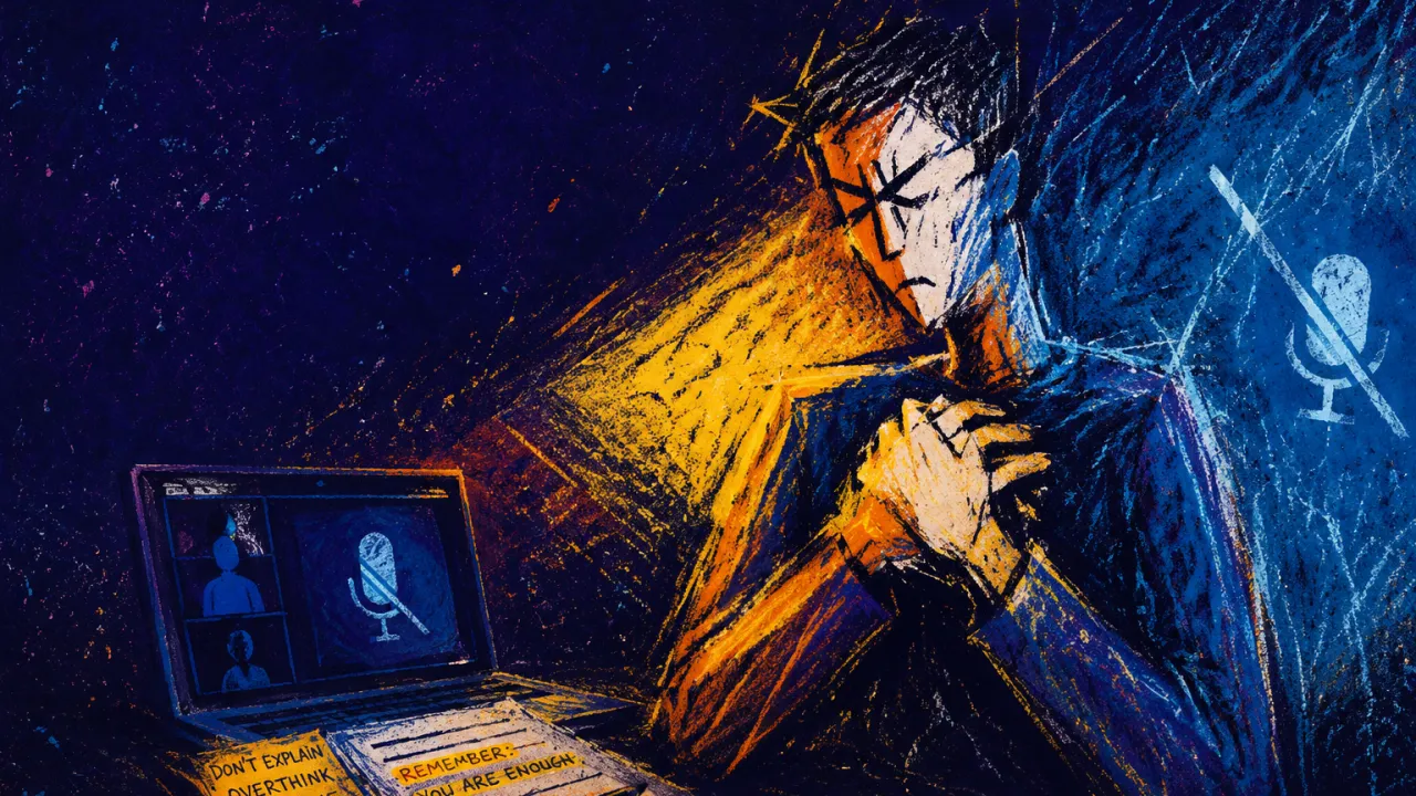 Holding the Thought Until It Fades A figure clasping one hand at the chest beside a laptop with a mute icon and amber notes fading into blue-black space.