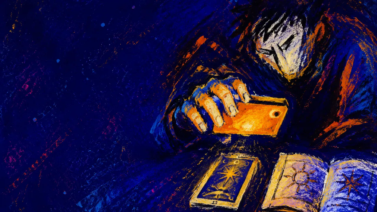 Holding Answers, Losing Your Own A figure leaning over a desk, holding a glowing amber phone above one tarot card and an open book in deep indigo space.