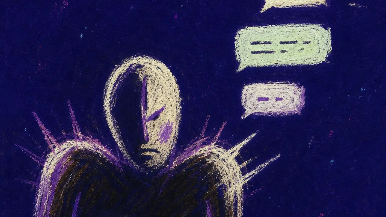 Decoding shadows, losing contact A figure with raised shoulders hovers over a half-written message, pearl-white cracks cutting into violet shadow