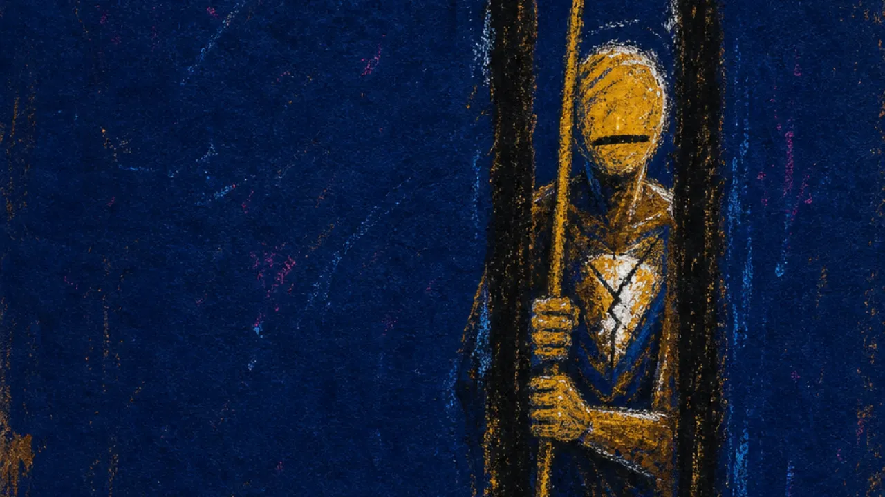Braced at the gap A braced figure grips a staff at a narrow fence gap, with amber light fracturing into cold blue-black shadow