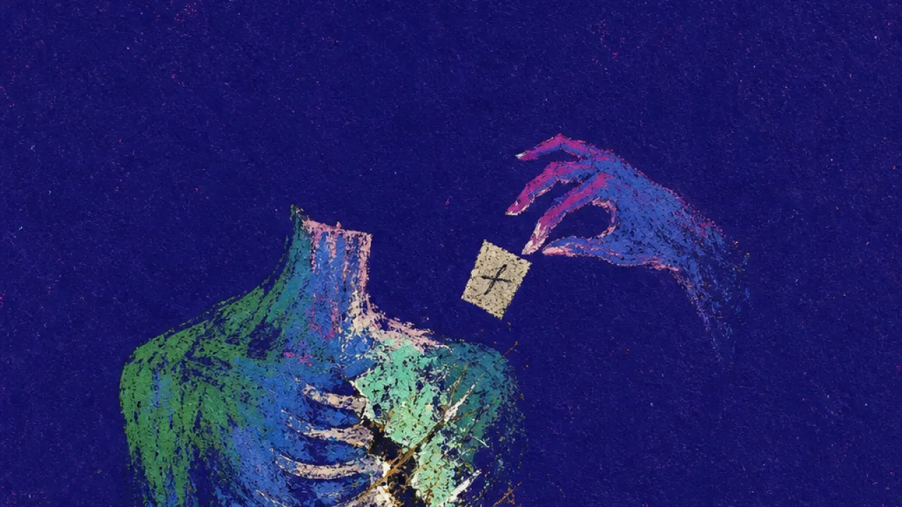 Needed until you disappear A figure in a dim room hovers over a message while one hand presses the ribs, green light breaking into cold blue edges