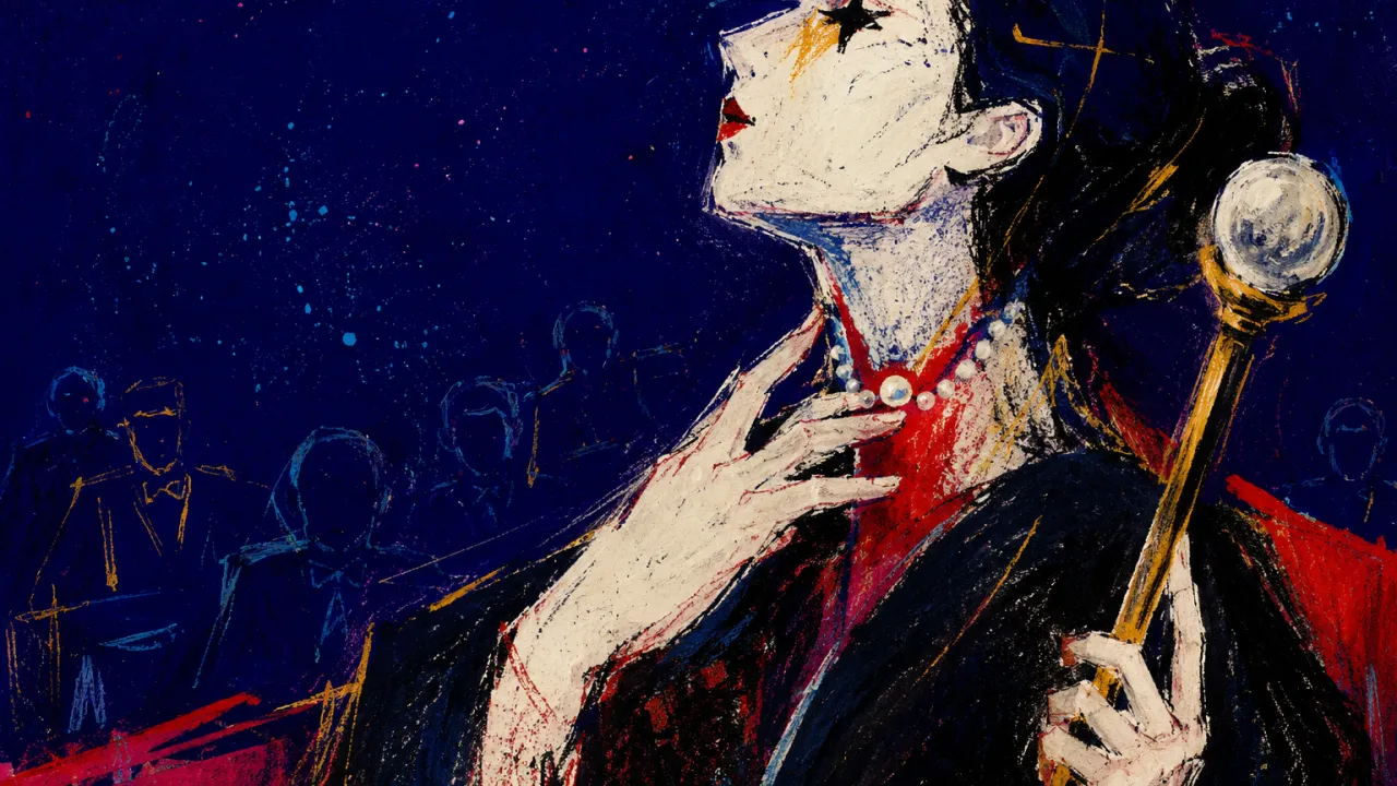 A figure touches a pearl at the throat while lifting a scepter, with a fractured white and crimson line across the neck