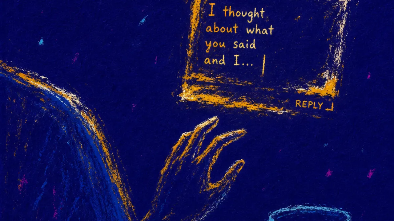 A figure reaches toward a glowing half-written reply while a cold mug sits untouched, amber light split by blue shadow
