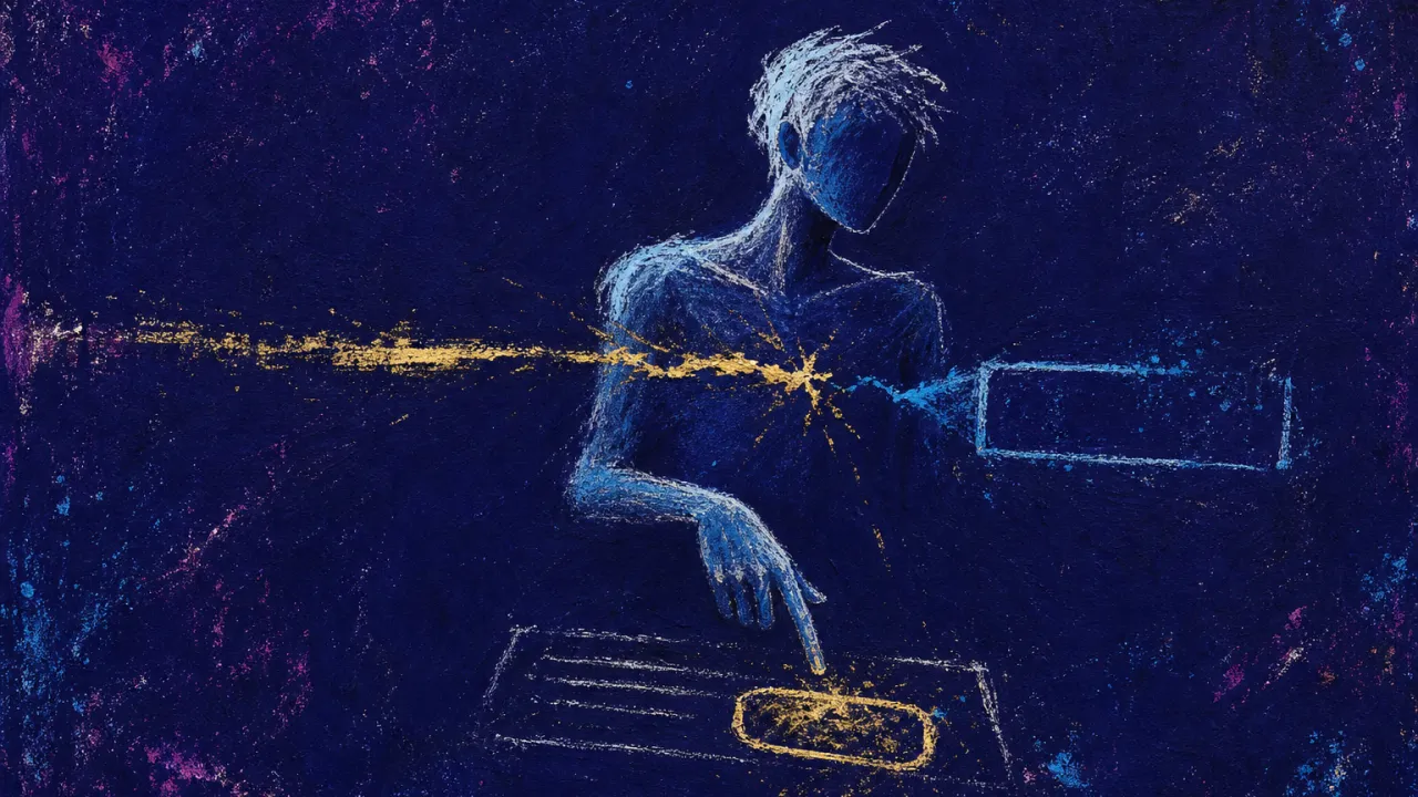 Hovering Above Your Own Yes A rigid figure holds one finger above Send, half-written request nearby, a fractured gold line crossing the chest into blue