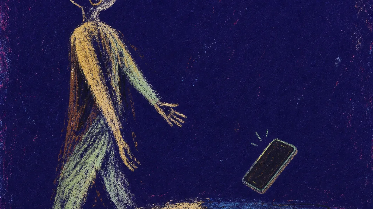 A figure steps past a cluttered desk edge, chin lifted from an unopened document and phone, pale gold split by bruised blue
