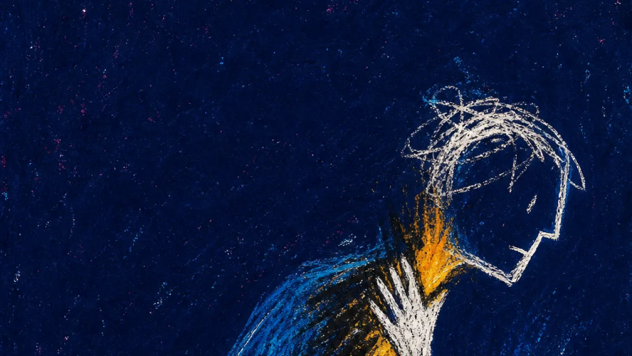 A figure leans toward a glowing message with one hand at their throat, amber light split against deep blue-black