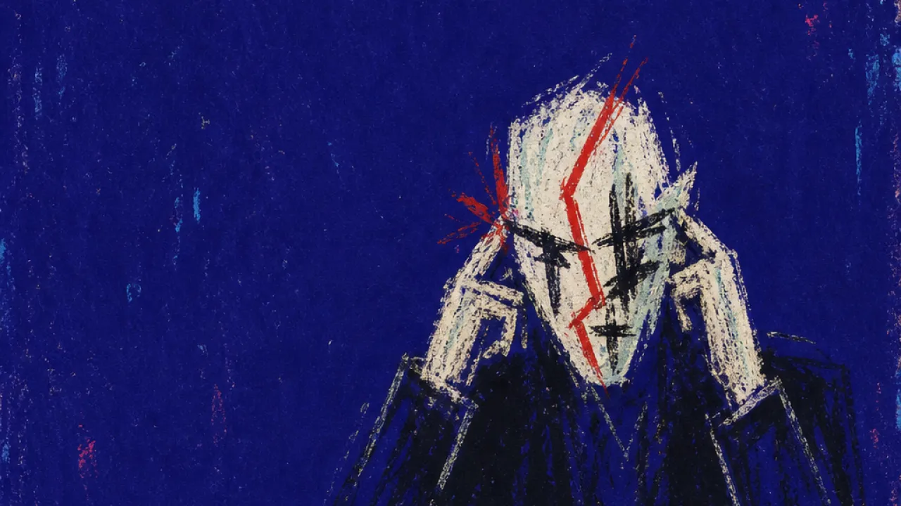Pressing temples, awaiting verdict A seated figure presses fingers to their temples beside a red-marked draft, with a red fracture line crossing pale paper.
