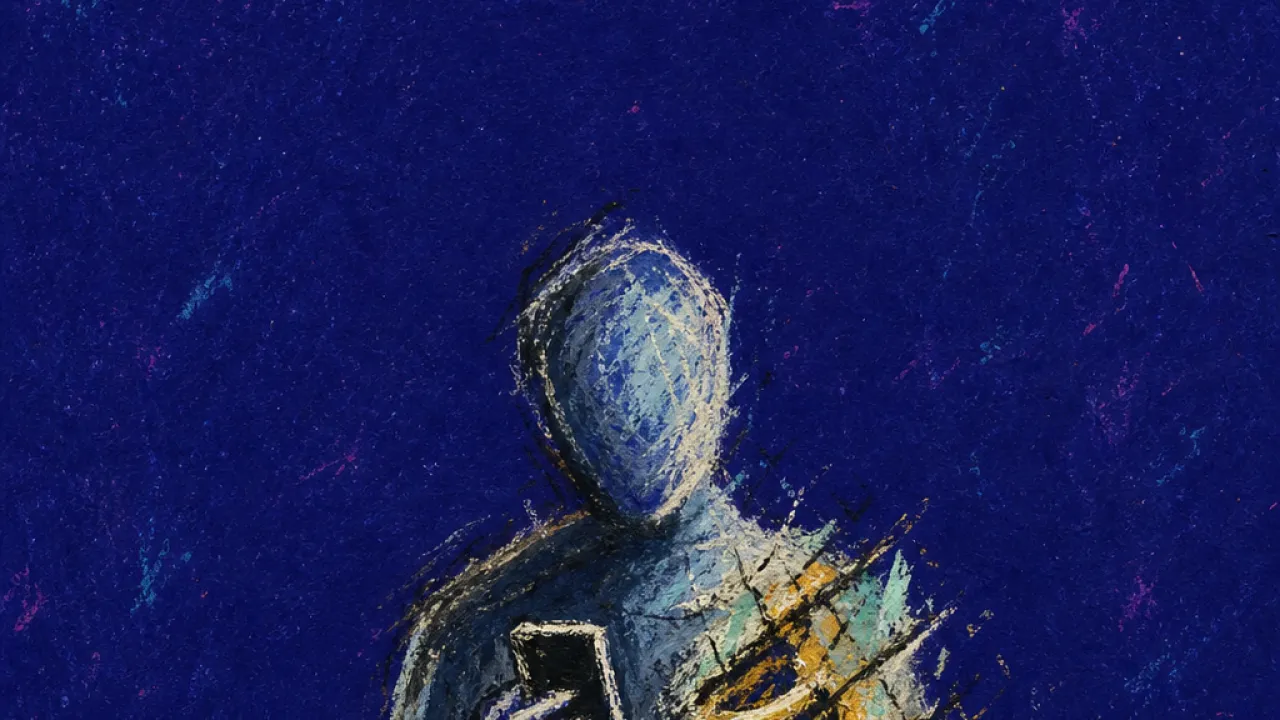 A figure beside a half-closed laptop, thumb over an unsent message, one hand at the ribs, gold light split by slate blue