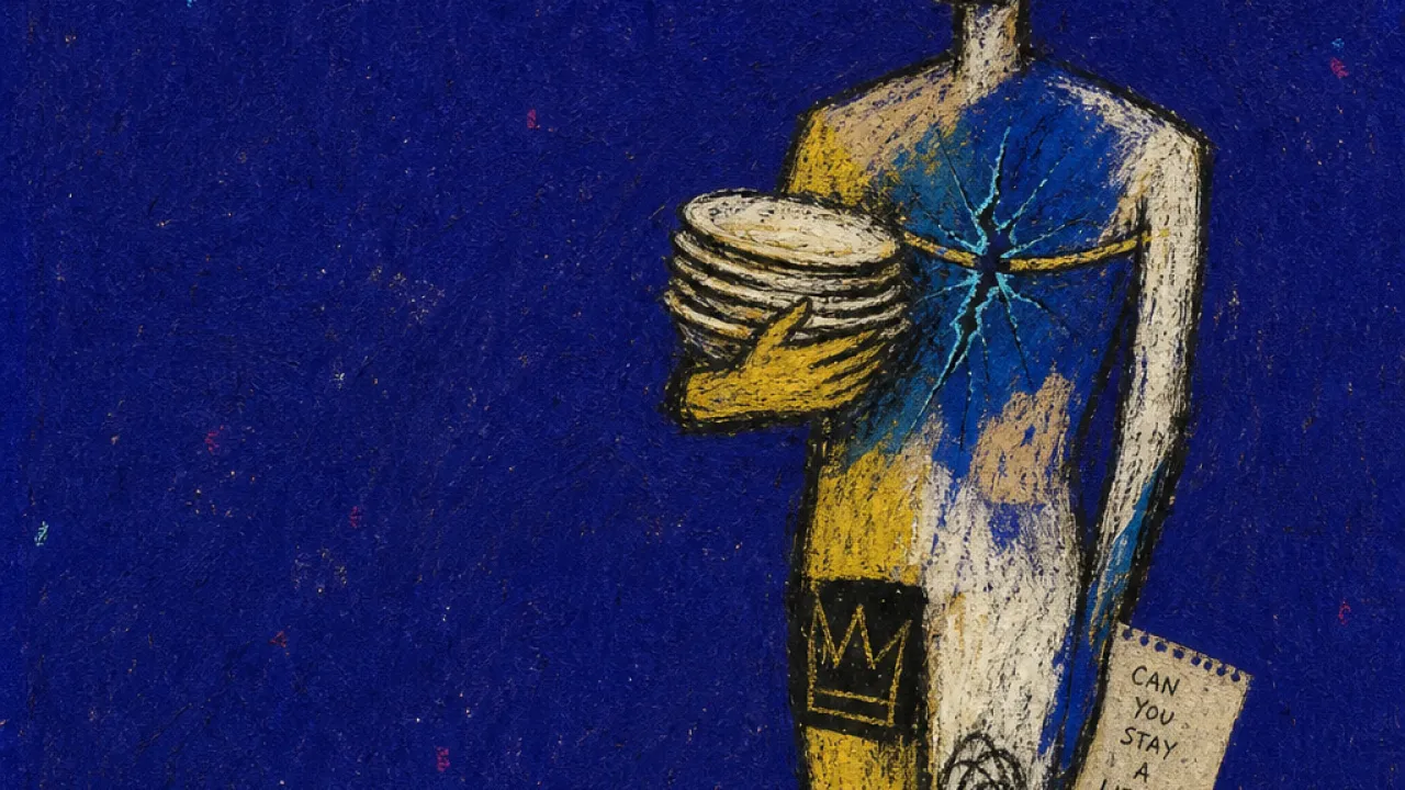 A rigid figure holds stacked plates to their ribs beside a note with crossed-out lines, gold breaking into cold blue.