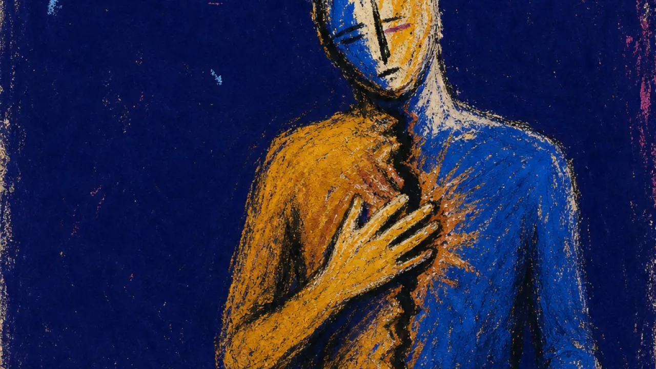 Carrying what crossed the line A figure presses one hand to their chest over a half-typed reply, amber and electric blue split across the torso
