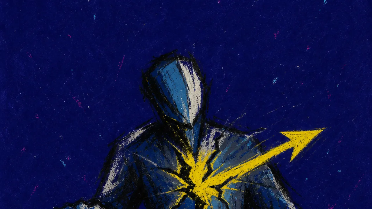 Moving forward, losing choice A figure leans over a dark desk, one hand on a calendar and the other above a send key, yellow fracture at the chest