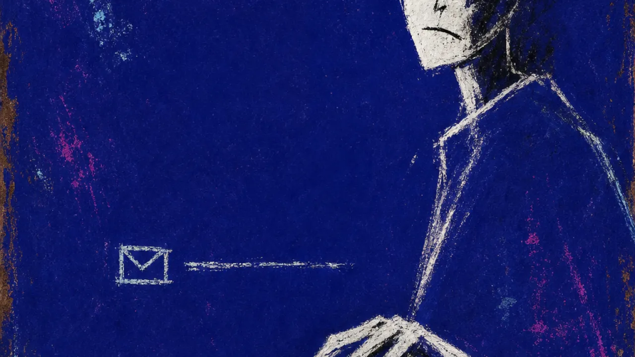 A figure with raised shoulders and one hand frozen above a trackpad, a white fracture spreading into black smoke
