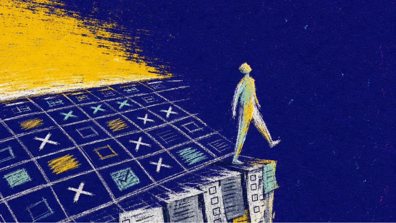 A figure steps toward a paper cliff of unchecked tasks, chin lifted over a crowded calendar in sun-yellow and graphite blue