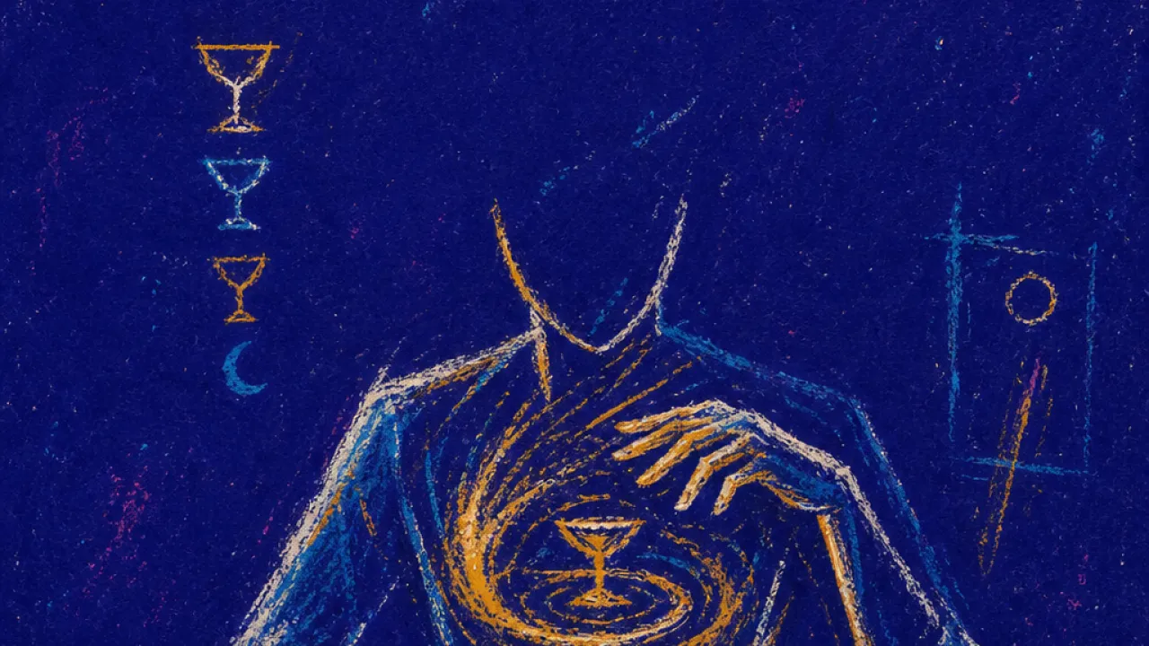 Hovering before the threshold A seated figure with one hand on a spreadsheet and one hovering over an unsent message, amber lines circling against deep blu