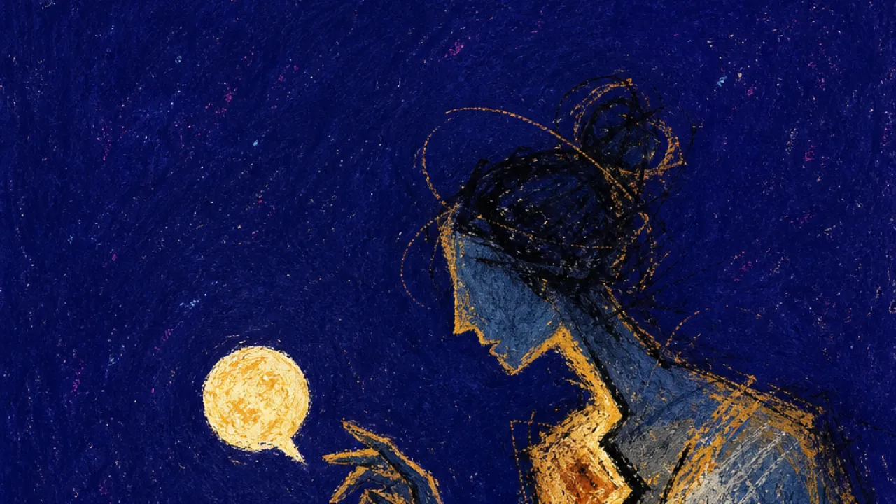 A forward-leaning figure with restless fingers above a glowing chat bubble, amber light split from heavy blue-grey shadow