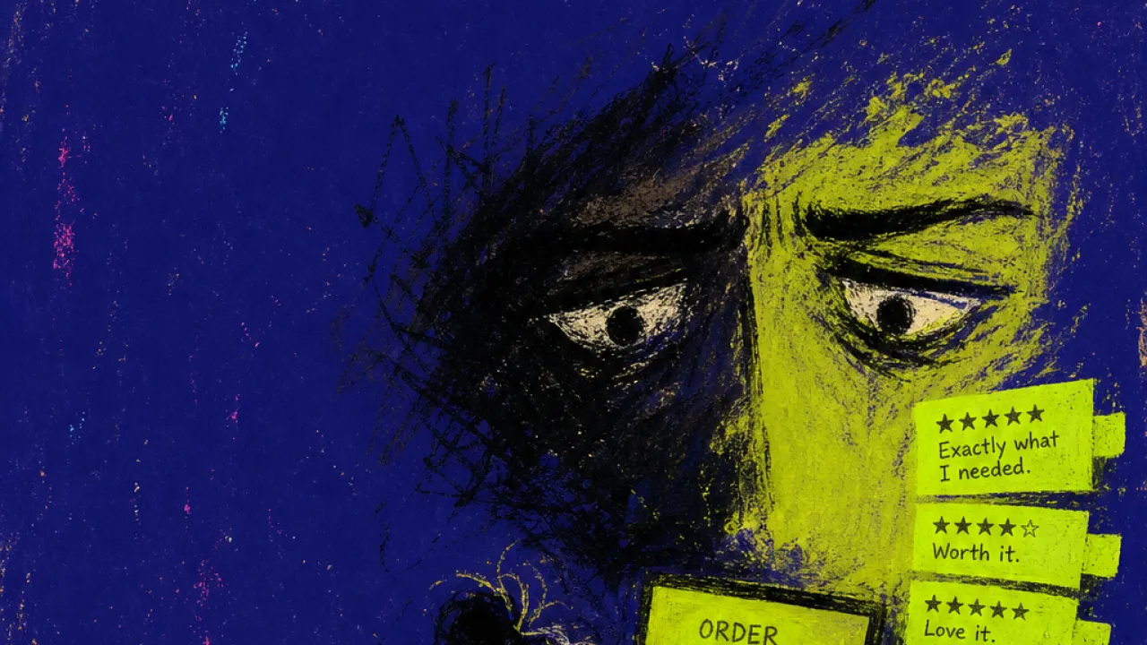 Grasping Relief, Carrying Weight A leaning figure grips a receipt near unopened packages and glowing tabs, with lime light cut by black shadows