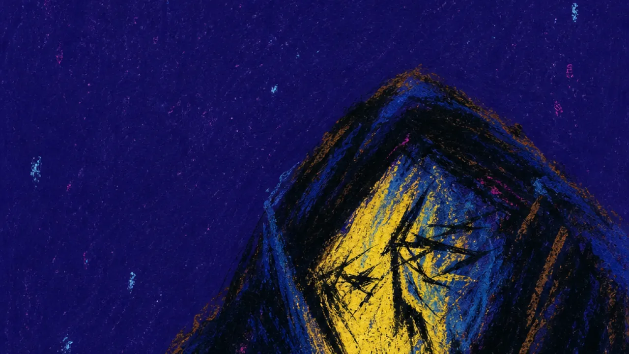 A figure under a dark blanket reaching for a glowing phone, yellow light cutting into blue-black shadows near tired eyes