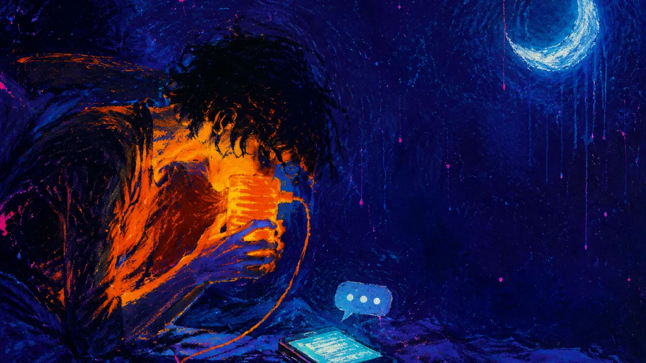Gripping the signal, losing contact A leaning figure grips a glowing cup-like phone over an unread chat, with orange light split by deep blue shadow